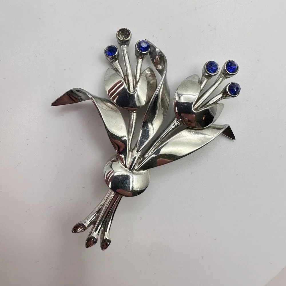 VTG Y2K Silver Tone Blue Rhinestone Floral Brooch Pin Women's Jewelry